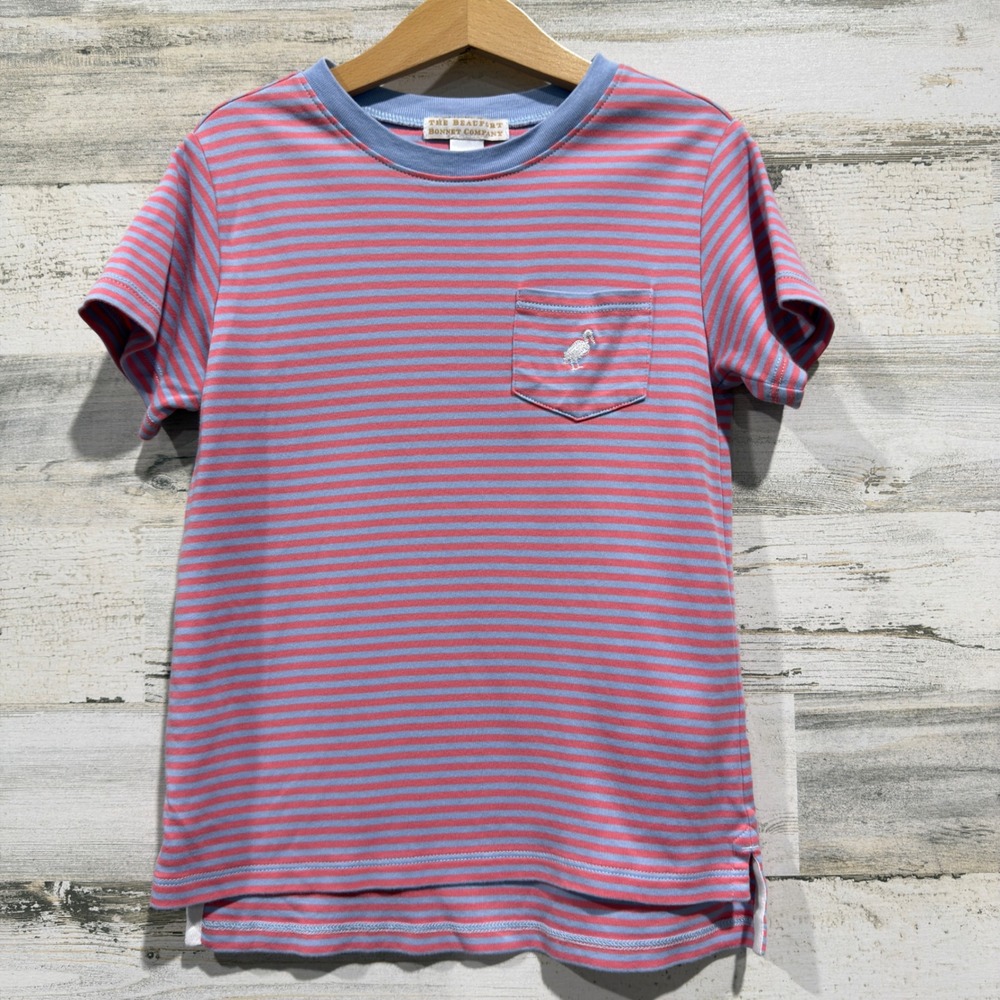 The Beaufort Bonnet Company Pocket Tee Boys 6 Pink Blue Striped Preppy EUC